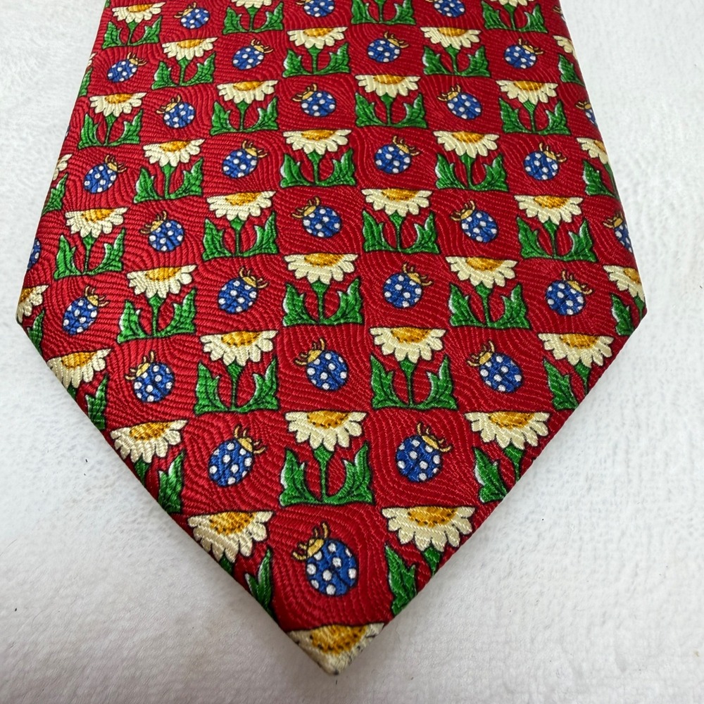 Lladro Mens Silk Necktie Red Blue Ladybug Daisy Floral Pattern Made in Spain